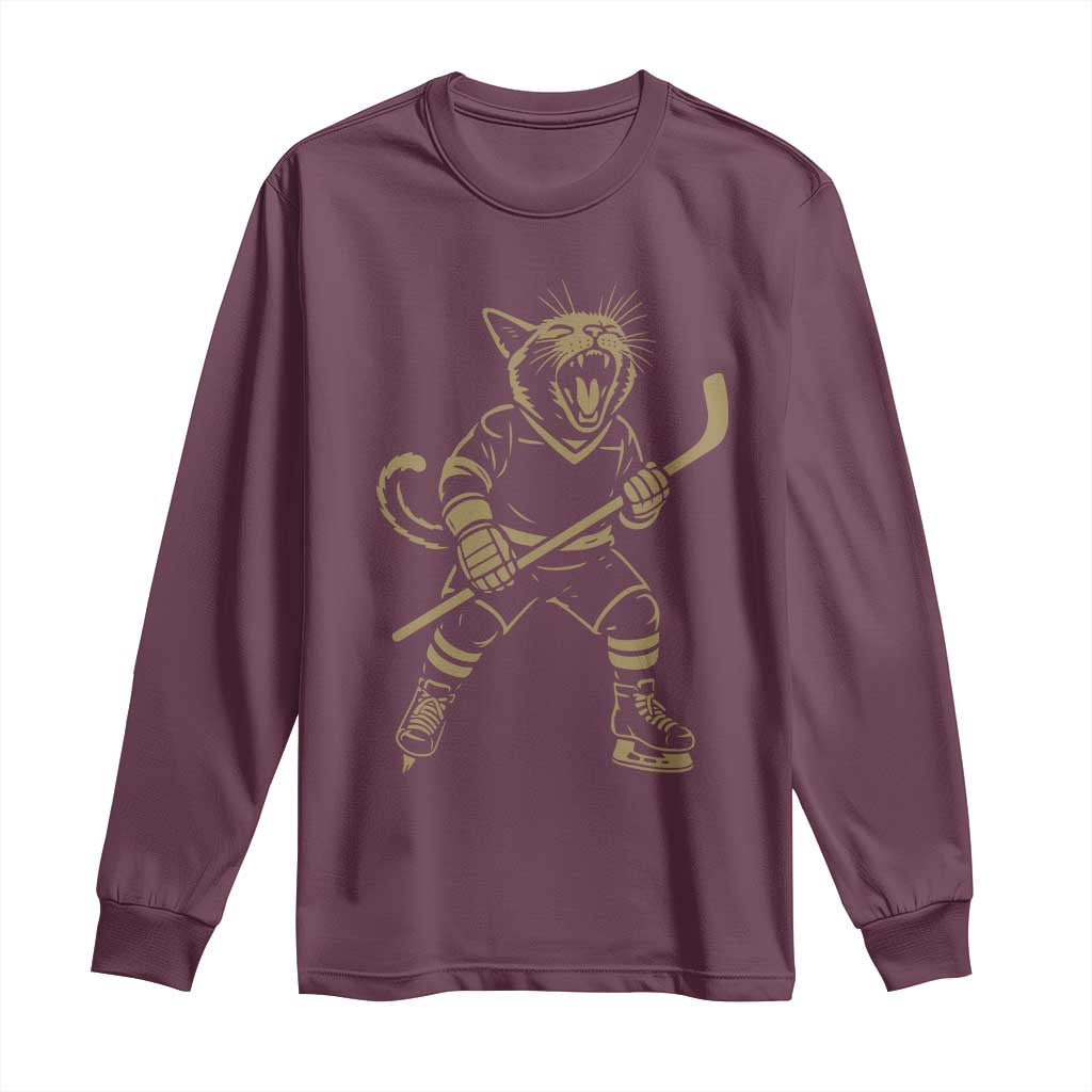 Vintage Cat Playing Hockey Long Sleeve Shirt Kitten Lover Player Gift - Wonder Print Shop