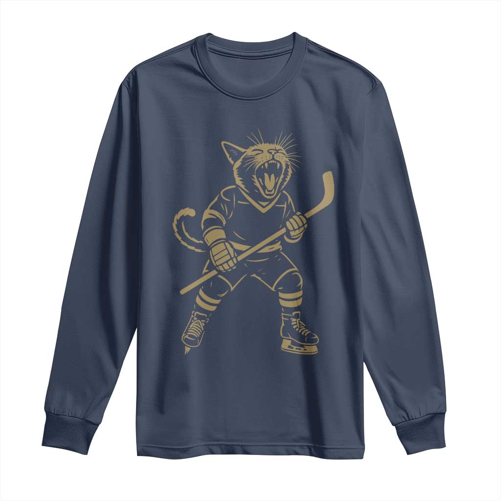 Vintage Cat Playing Hockey Long Sleeve Shirt Kitten Lover Player Gift - Wonder Print Shop