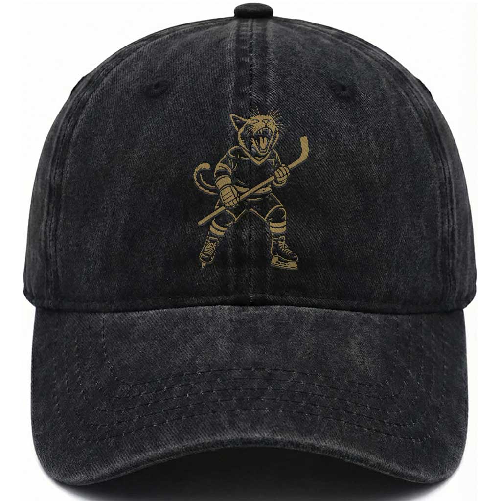 Vintage Cat Playing Hockey Washed Cotton Baseball Cap Kitten Lover Player Gift