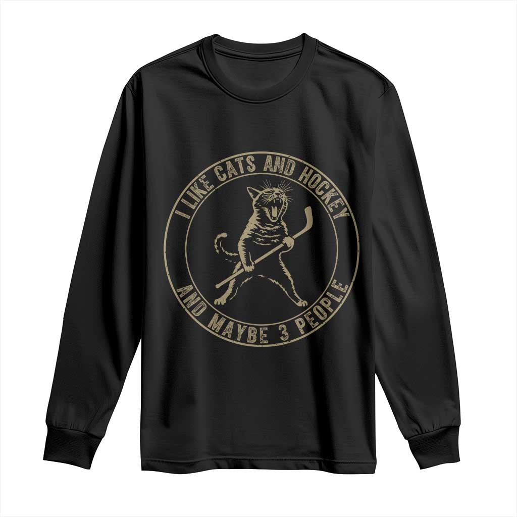 Vintage I Like Cats And Hockey And Maybe Three People Funny Gift Long Sleeve Shirt - Wonder Print Shop