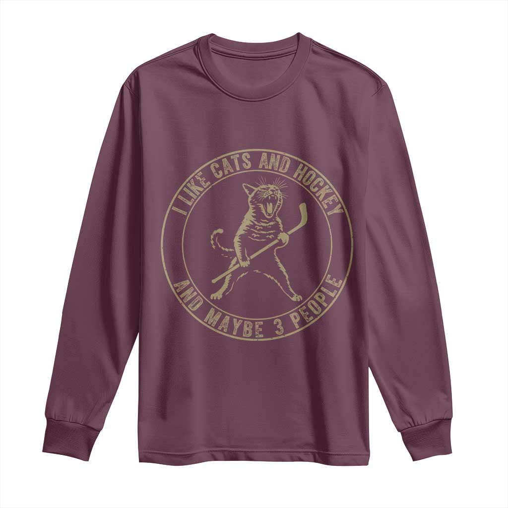 Vintage I Like Cats And Hockey And Maybe Three People Funny Gift Long Sleeve Shirt - Wonder Print Shop