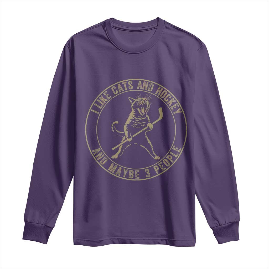 Vintage I Like Cats And Hockey And Maybe Three People Funny Gift Long Sleeve Shirt - Wonder Print Shop