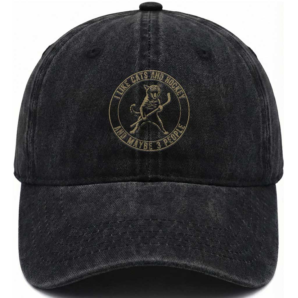 Vintage I Like Cats And Hockey And Maybe Three People Funny Gift Washed Cotton Baseball Cap