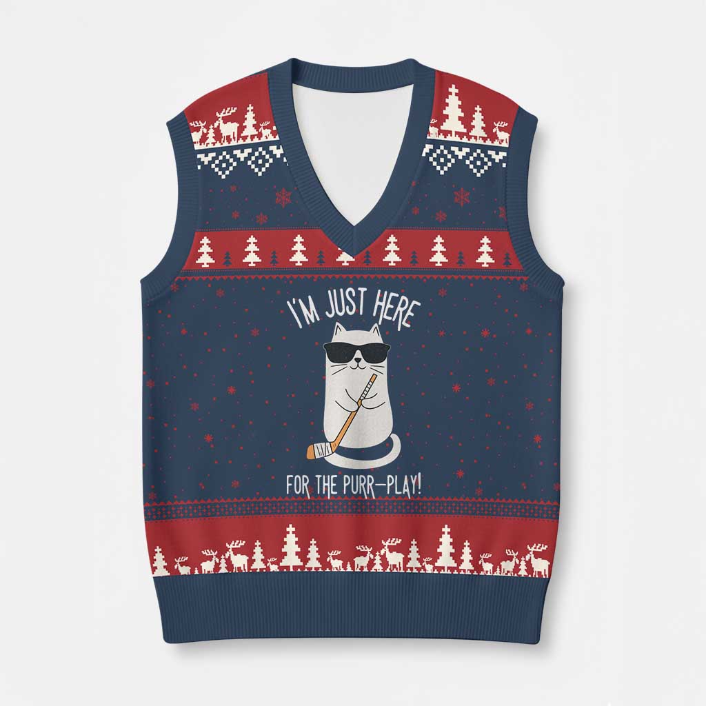 Im Just Here For The Purr Play V-Neck Knit Sweater Vest Funny Cat Hockey Gift - Wonder Print Shop