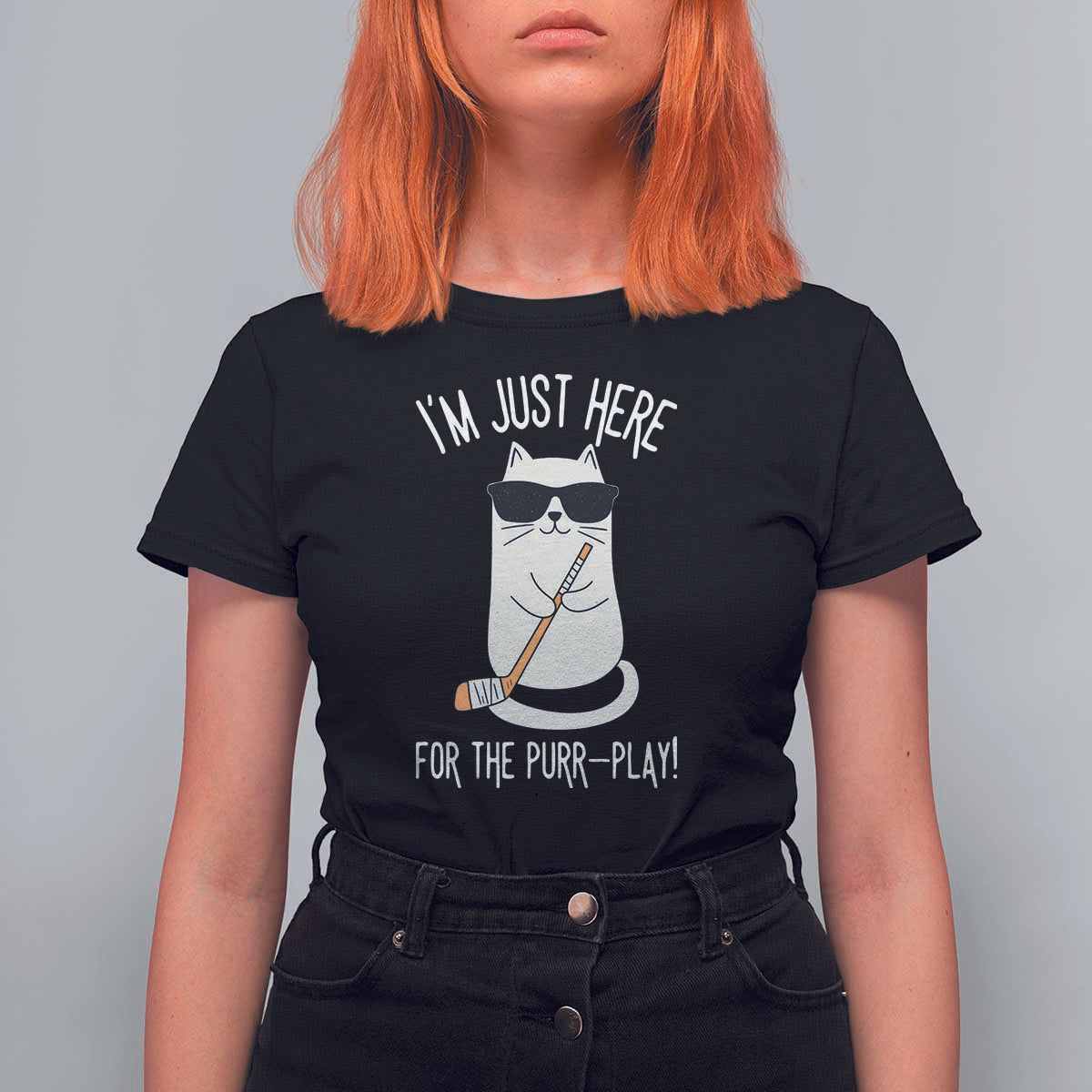 Im Just Here For The Purr Play T Shirt For Women Funny Cat Hockey Gift - Wonder Print Shop