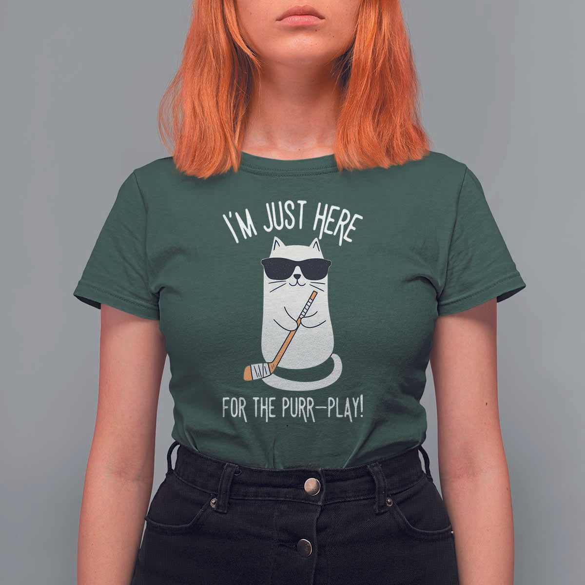 Im Just Here For The Purr Play T Shirt For Women Funny Cat Hockey Gift - Wonder Print Shop