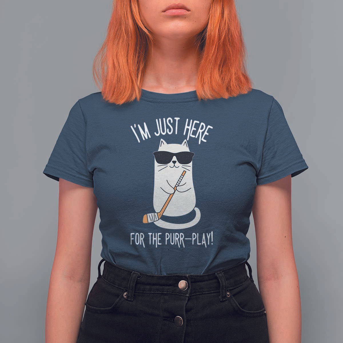 Im Just Here For The Purr Play T Shirt For Women Funny Cat Hockey Gift - Wonder Print Shop