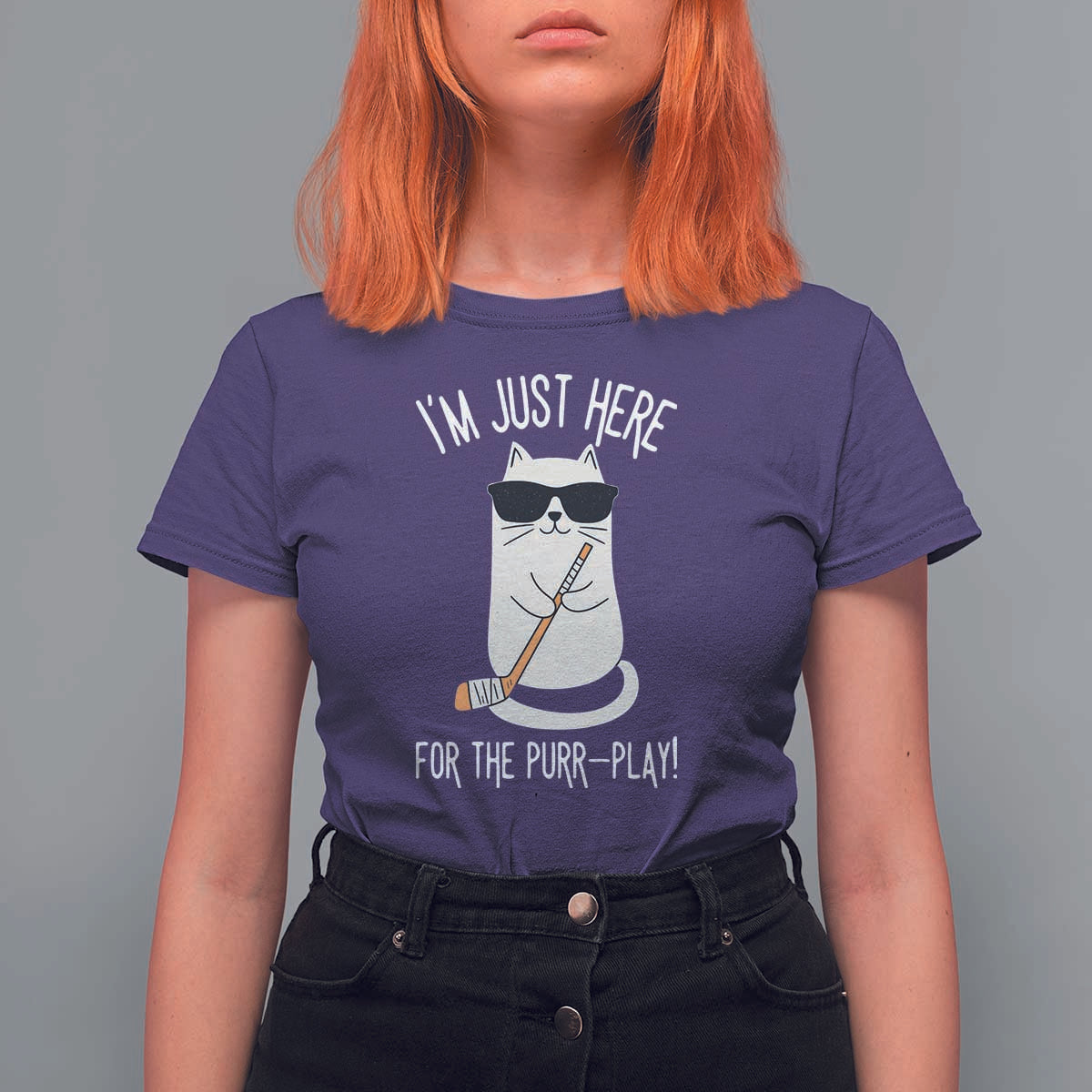 Im Just Here For The Purr Play T Shirt For Women Funny Cat Hockey Gift - Wonder Print Shop