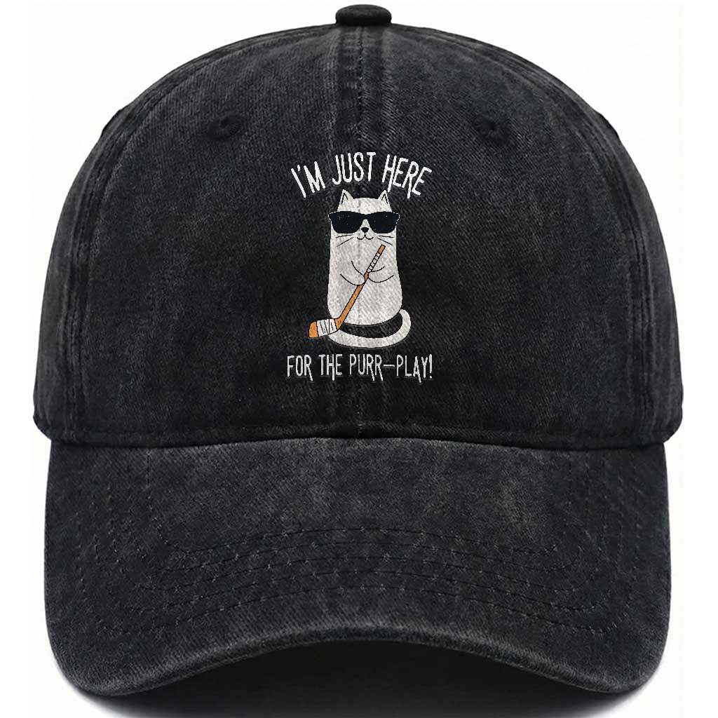 Im Just Here For The Purr Play Washed Cotton Baseball Cap Funny Cat Hockey Gift