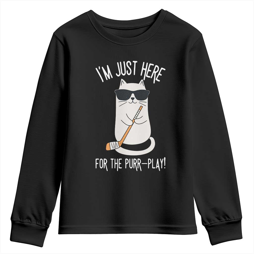 Im Just Here For The Purr Play Youth Sweatshirt Funny Cat Hockey Gift - Wonder Print Shop