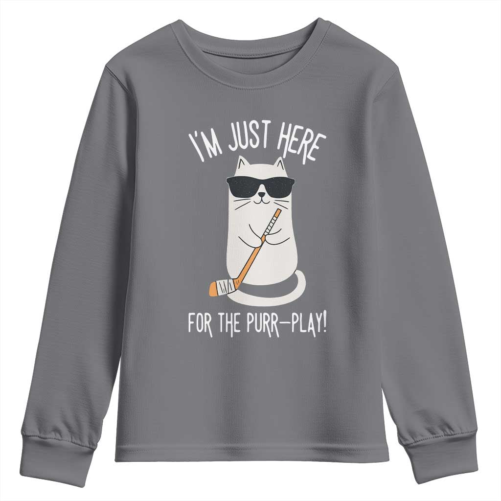 Im Just Here For The Purr Play Youth Sweatshirt Funny Cat Hockey Gift - Wonder Print Shop