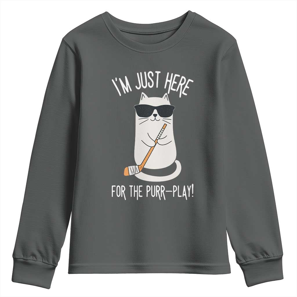 Im Just Here For The Purr Play Youth Sweatshirt Funny Cat Hockey Gift - Wonder Print Shop
