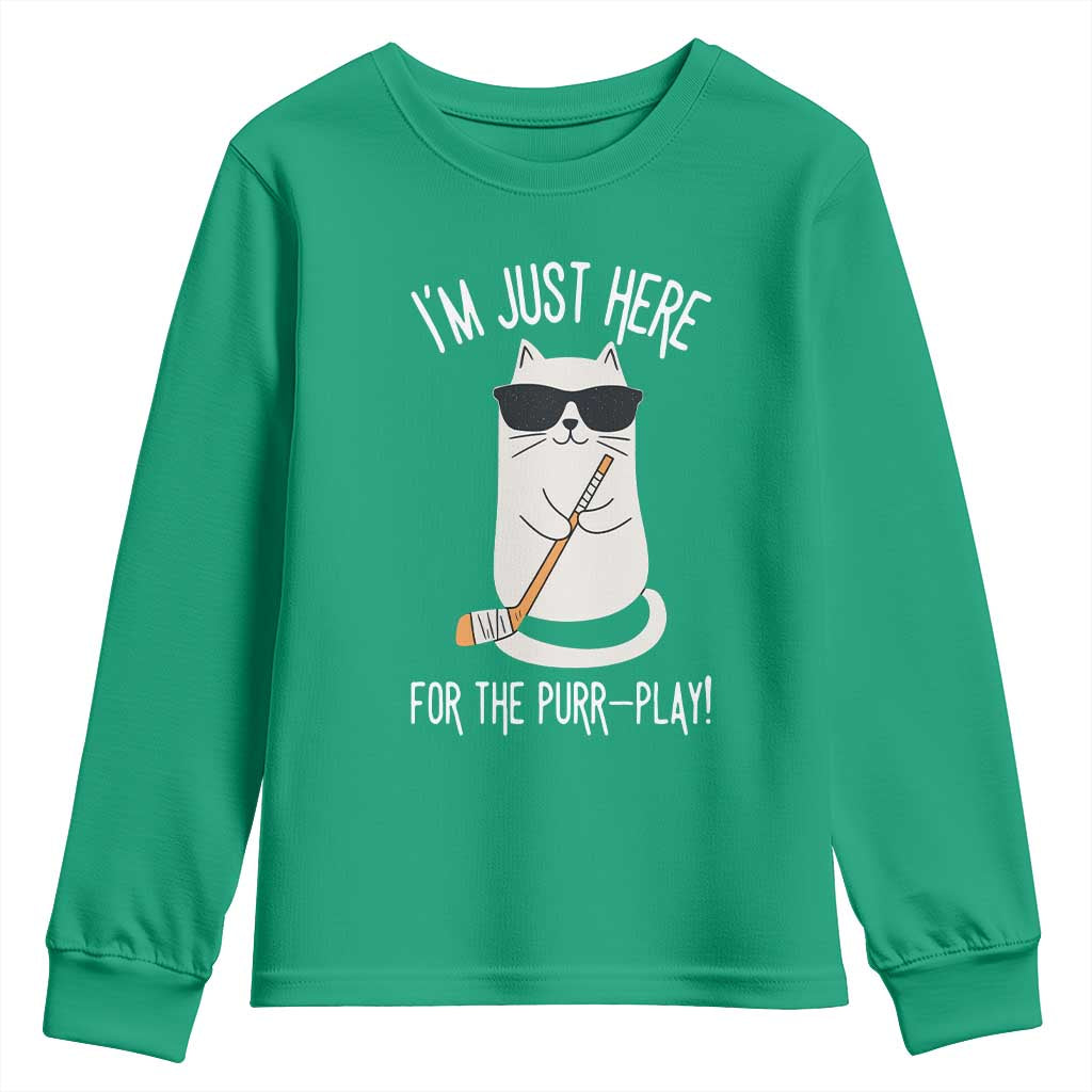 Im Just Here For The Purr Play Youth Sweatshirt Funny Cat Hockey Gift - Wonder Print Shop