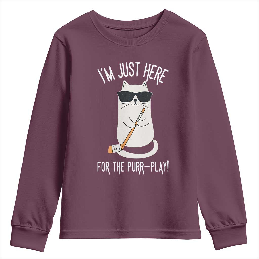 Im Just Here For The Purr Play Youth Sweatshirt Funny Cat Hockey Gift - Wonder Print Shop