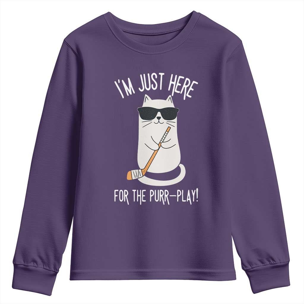 Im Just Here For The Purr Play Youth Sweatshirt Funny Cat Hockey Gift - Wonder Print Shop