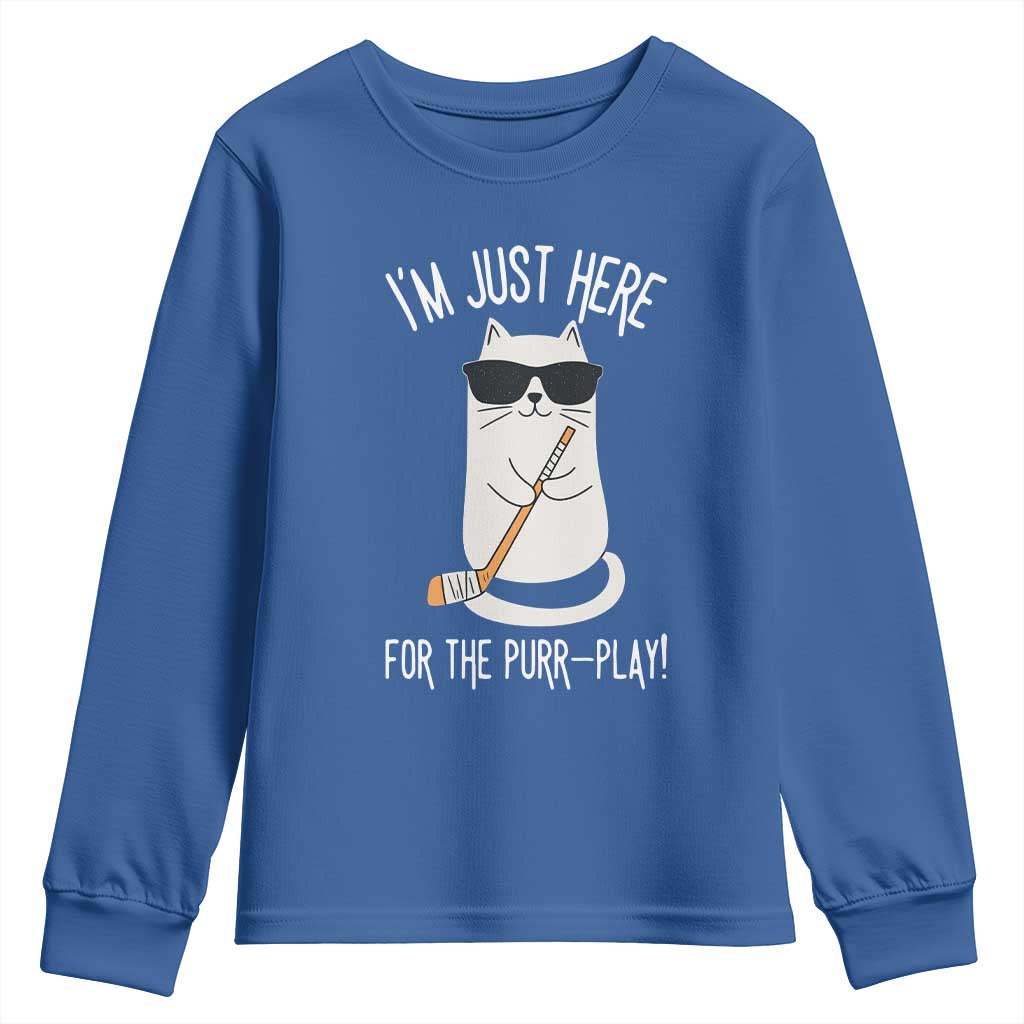 Im Just Here For The Purr Play Youth Sweatshirt Funny Cat Hockey Gift - Wonder Print Shop
