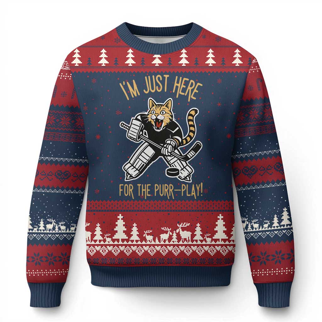 Vintage Cat Hockey Goalie Ugly Christmas Sweater Funny Im Just Here For The Purr Play Gift - Wonder Print Shop