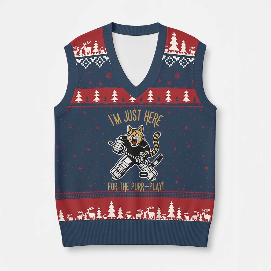Vintage Cat Hockey Goalie V-Neck Knit Sweater Vest Funny Im Just Here For The Purr Play Gift - Wonder Print Shop