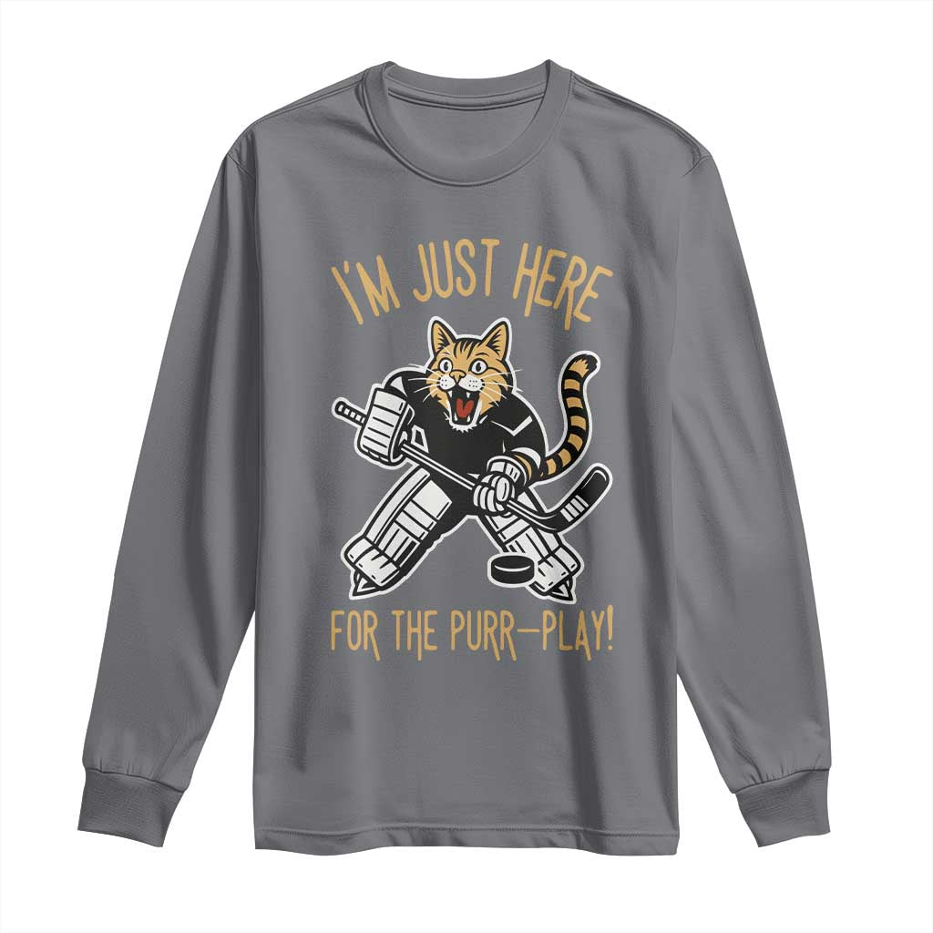 Vintage Cat Hockey Goalie Long Sleeve Shirt Funny Im Just Here For The Purr Play Gift - Wonder Print Shop