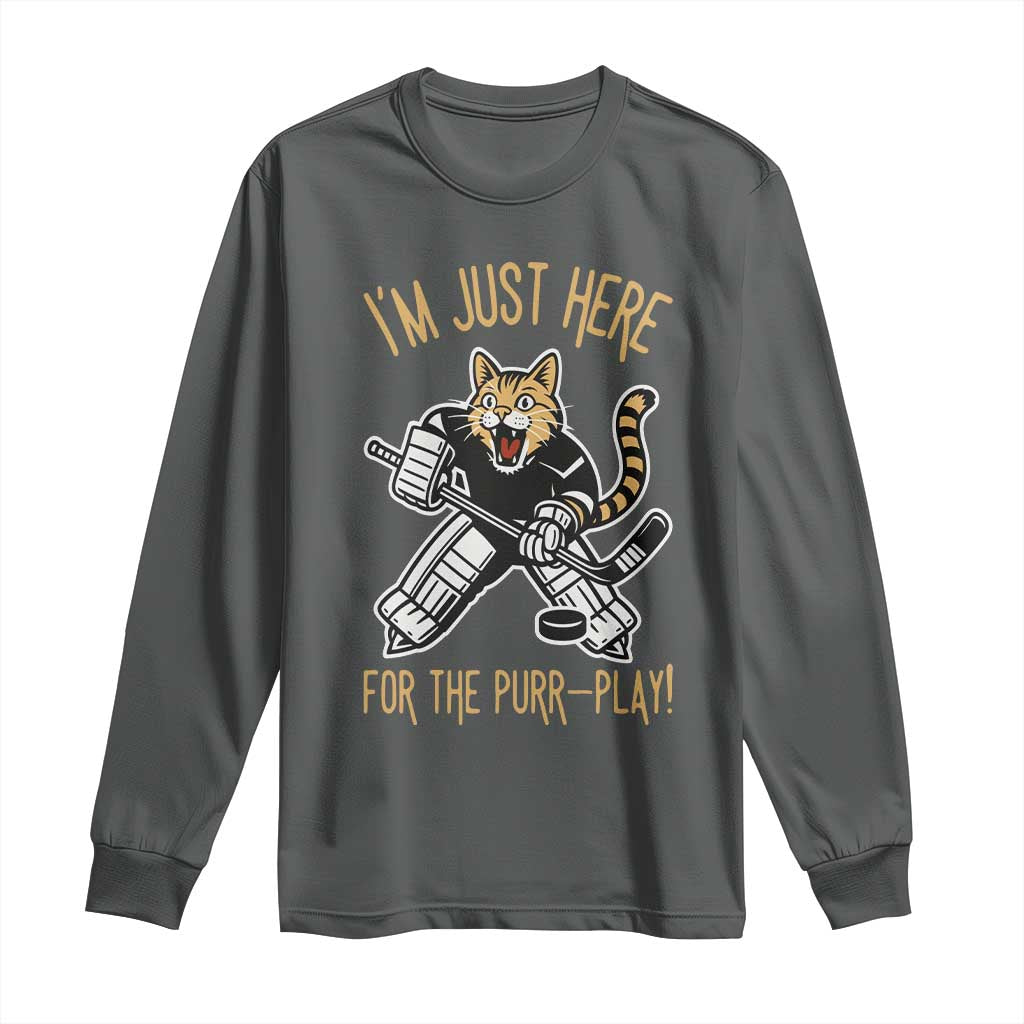 Vintage Cat Hockey Goalie Long Sleeve Shirt Funny Im Just Here For The Purr Play Gift - Wonder Print Shop
