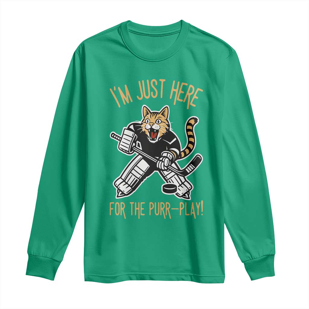 Vintage Cat Hockey Goalie Long Sleeve Shirt Funny Im Just Here For The Purr Play Gift - Wonder Print Shop