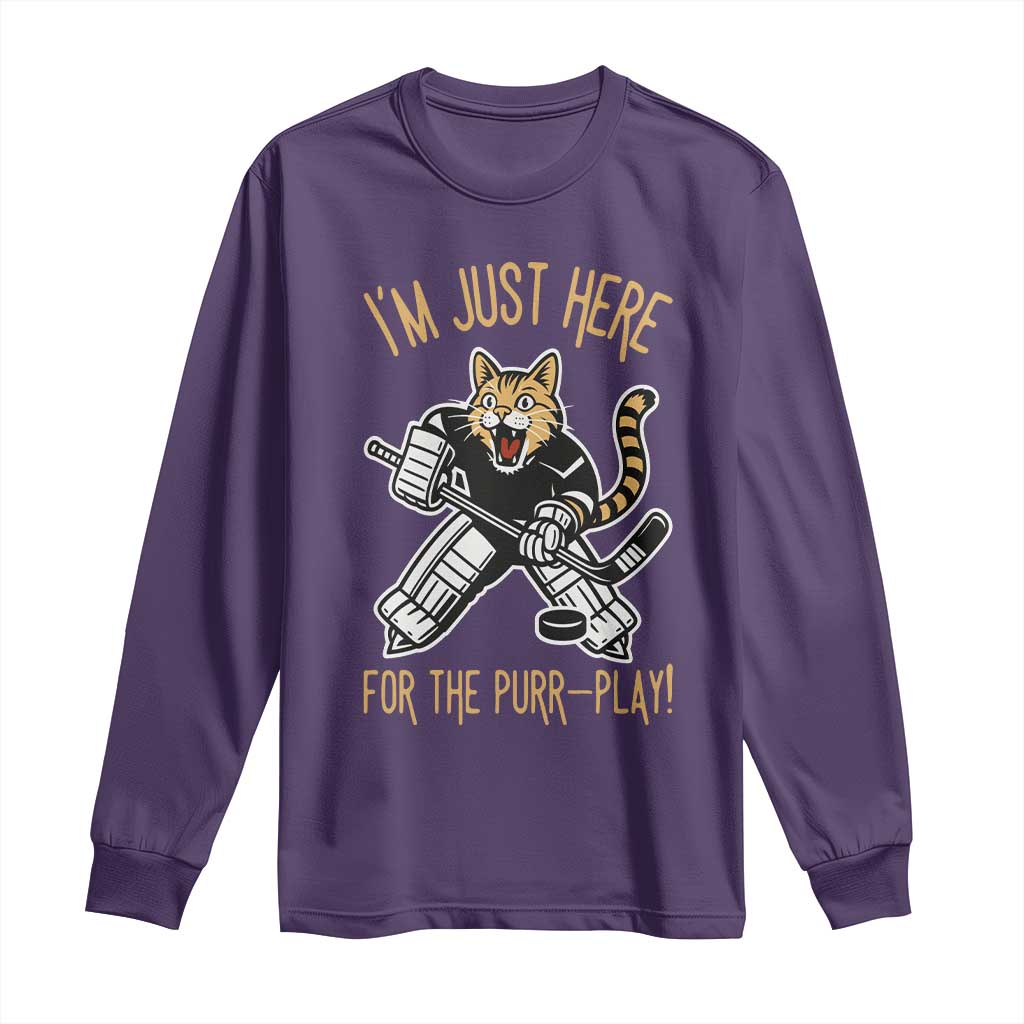 Vintage Cat Hockey Goalie Long Sleeve Shirt Funny Im Just Here For The Purr Play Gift - Wonder Print Shop
