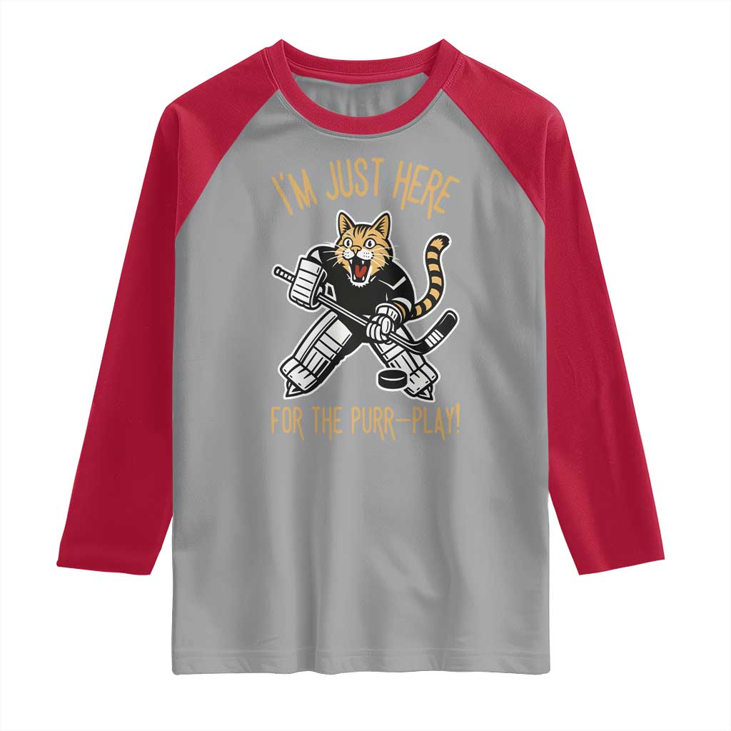 Vintage Cat Hockey Goalie Raglan Shirt Funny Im Just Here For The Purr Play Gift - Wonder Print Shop