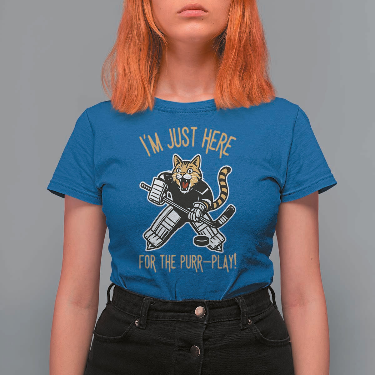 Vintage Cat Hockey Goalie T Shirt For Women Funny Im Just Here For The Purr Play Gift - Wonder Print Shop