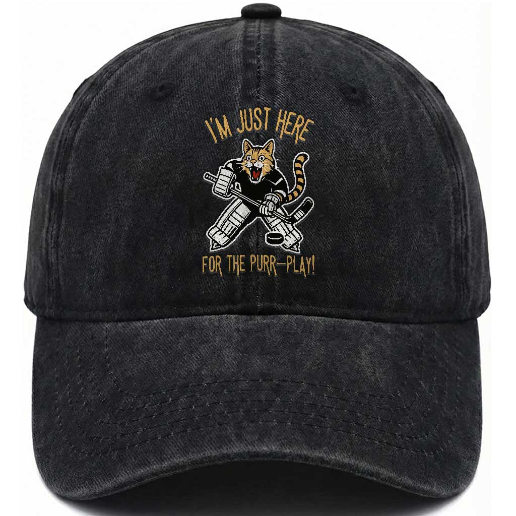 Vintage Cat Hockey Goalie Washed Cotton Baseball Cap Funny Im Just Here For The Purr Play Gift