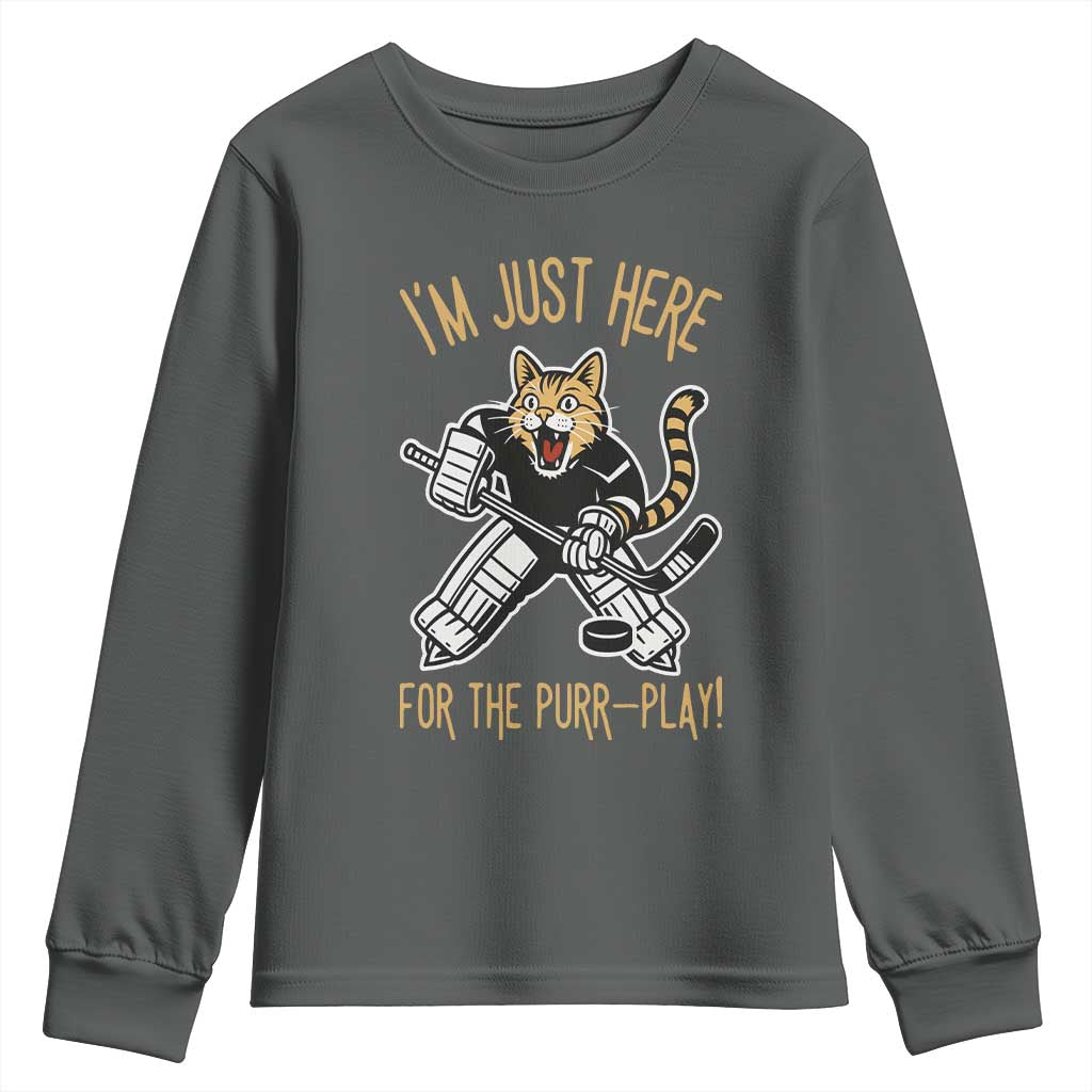 Vintage Cat Hockey Goalie Youth Sweatshirt Funny Im Just Here For The Purr Play Gift - Wonder Print Shop