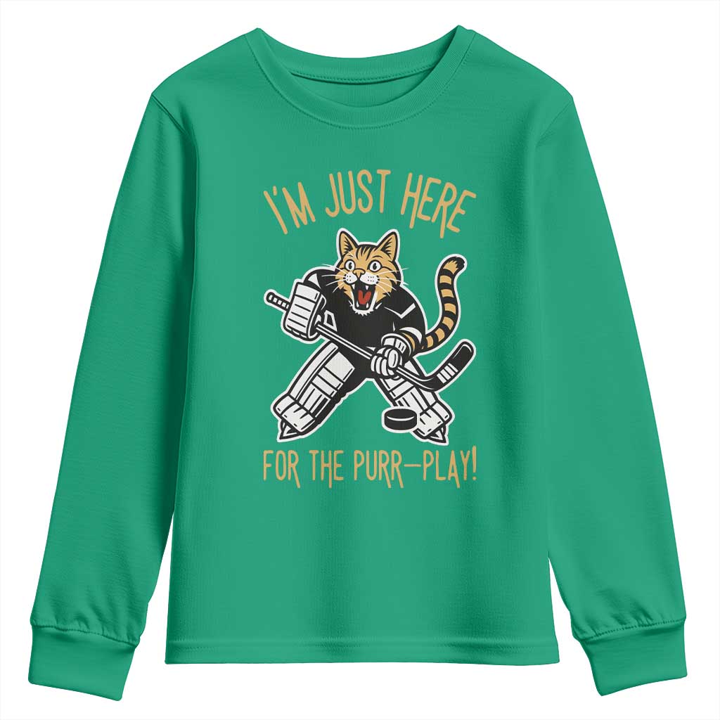 Vintage Cat Hockey Goalie Youth Sweatshirt Funny Im Just Here For The Purr Play Gift - Wonder Print Shop