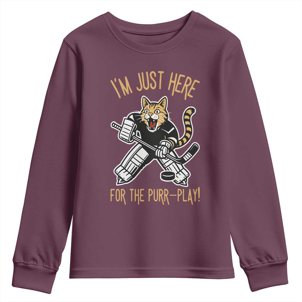 Vintage Cat Hockey Goalie Youth Sweatshirt Funny Im Just Here For The Purr Play Gift - Wonder Print Shop