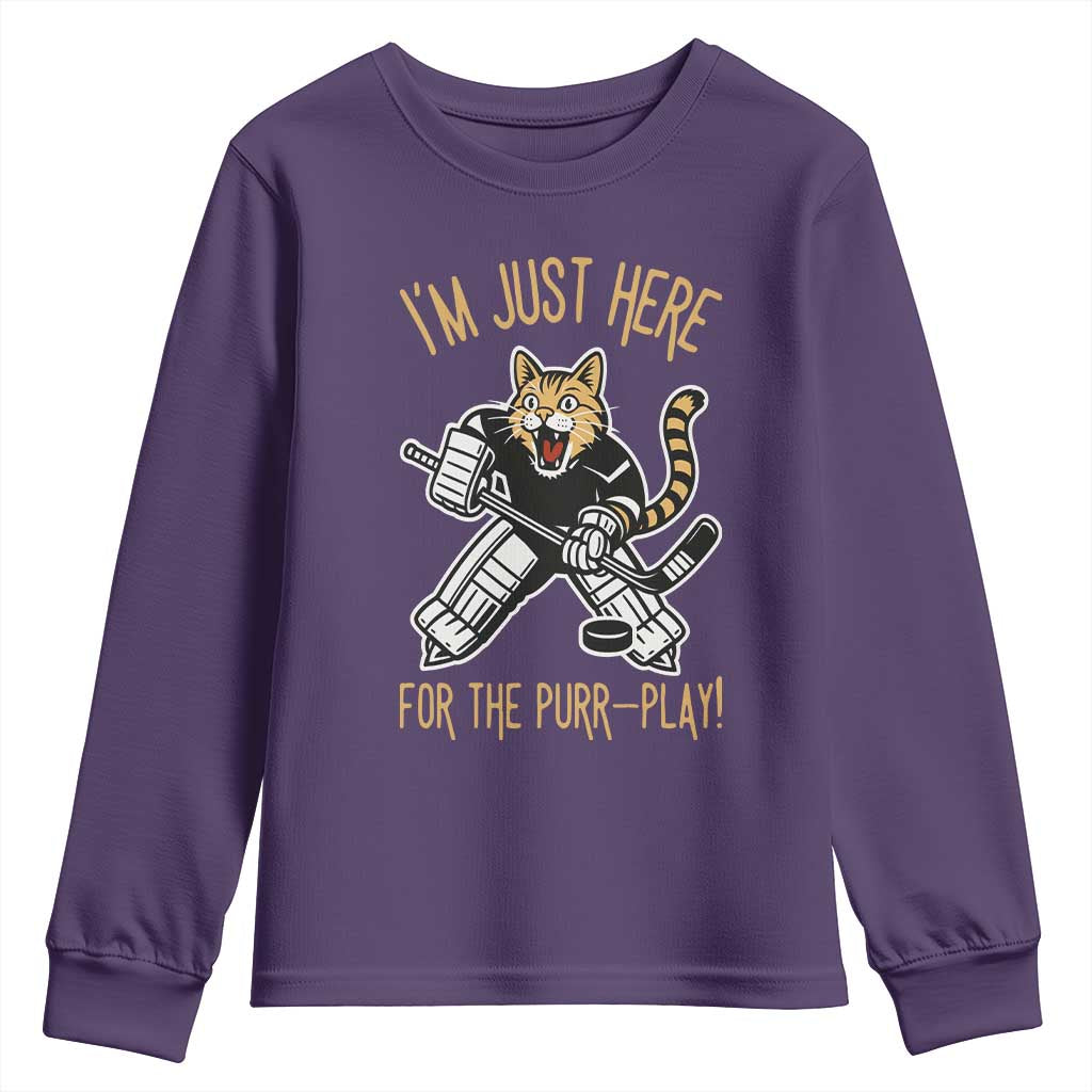 Vintage Cat Hockey Goalie Youth Sweatshirt Funny Im Just Here For The Purr Play Gift - Wonder Print Shop