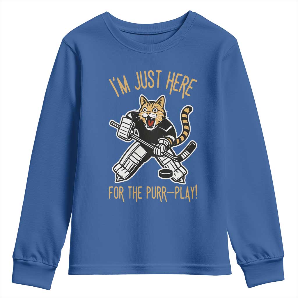Vintage Cat Hockey Goalie Youth Sweatshirt Funny Im Just Here For The Purr Play Gift - Wonder Print Shop