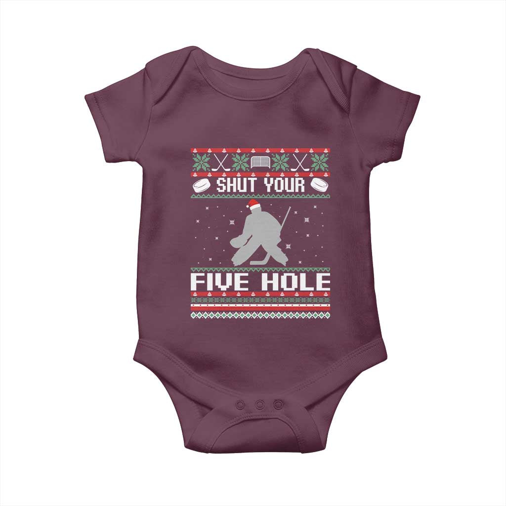 Funny Hockey Goalie Ugly Christmas Gift Baby Onesie Shut Your Five Hole - Wonder Print Shop