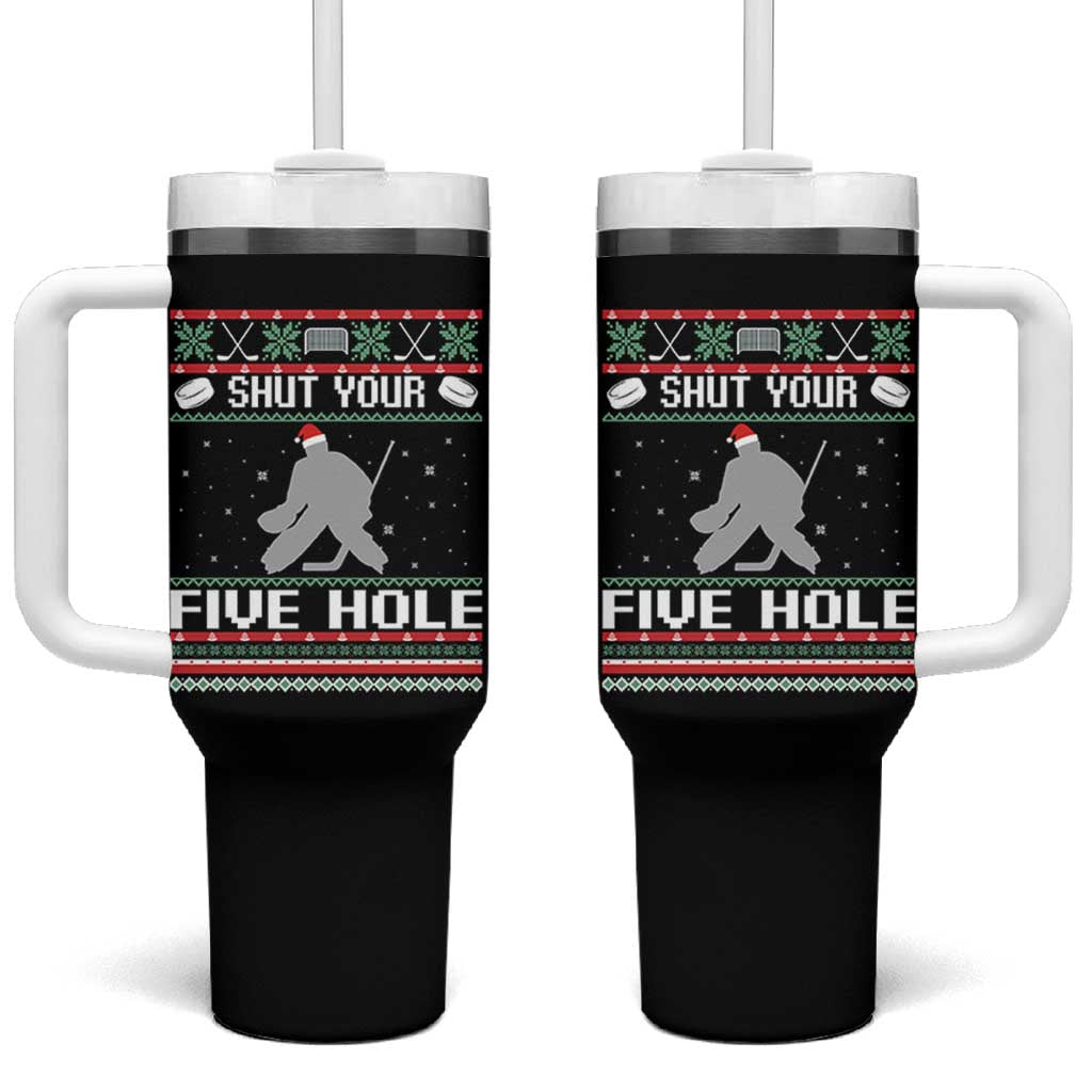 Funny Hockey Goalie Ugly Christmas Gift Tumbler With Handle Shut Your Five Hole - Wonder Print Shop