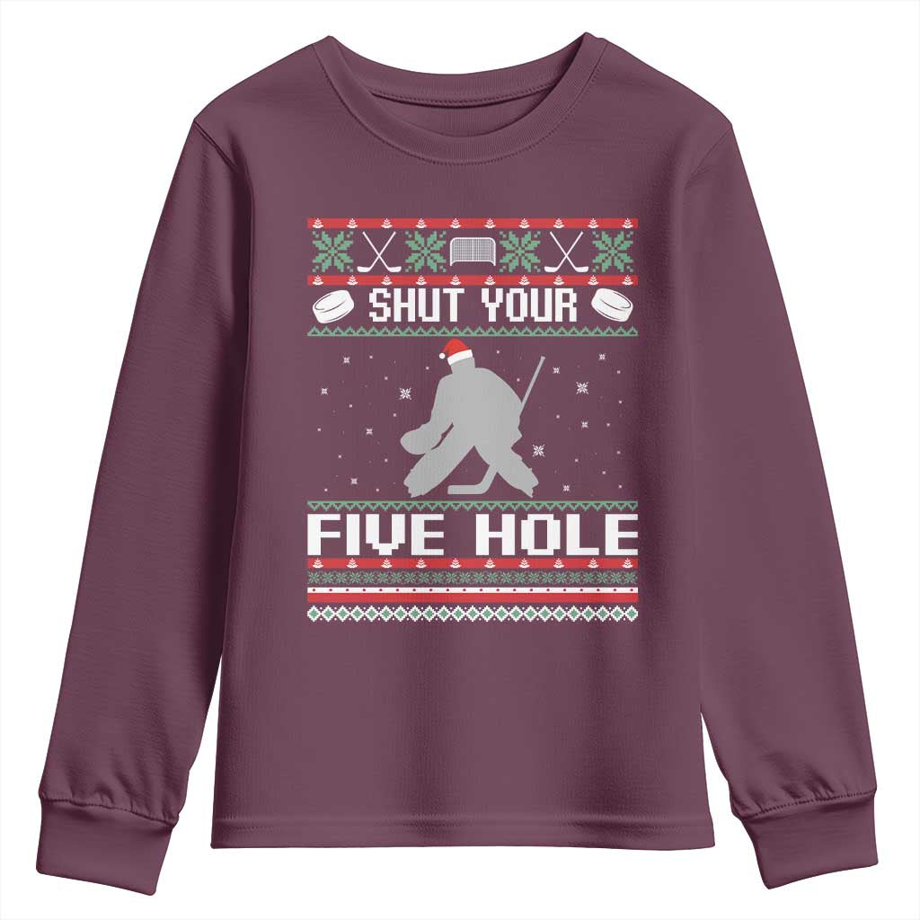 Funny Hockey Goalie Ugly Christmas Gift Youth Sweatshirt Shut Your Five Hole - Wonder Print Shop