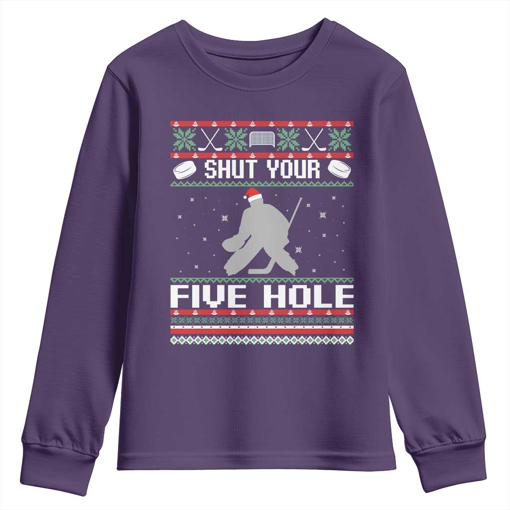 Funny Hockey Goalie Ugly Christmas Gift Youth Sweatshirt Shut Your Five Hole - Wonder Print Shop