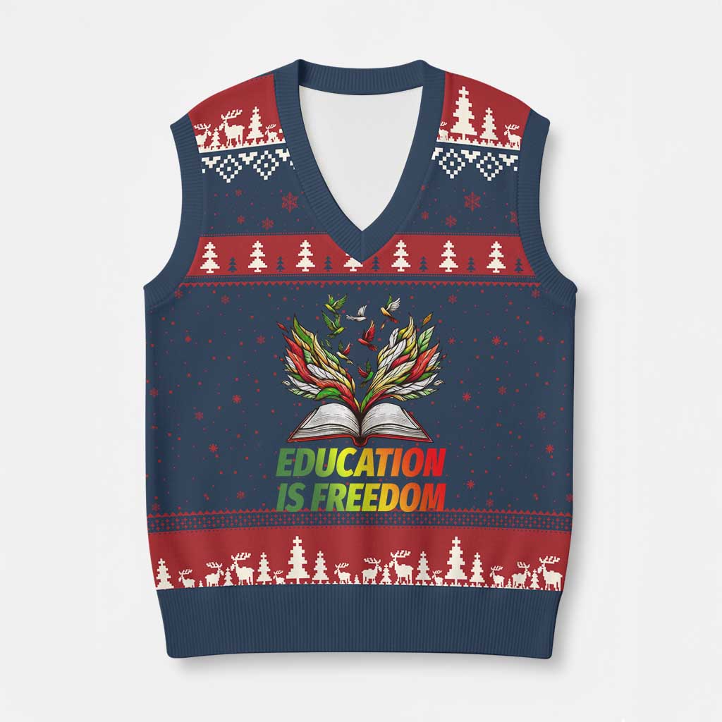 Education Is Freedom V-Neck Knit Sweater Vest Inspirational Black Teacher Gift - Wonder Print Shop