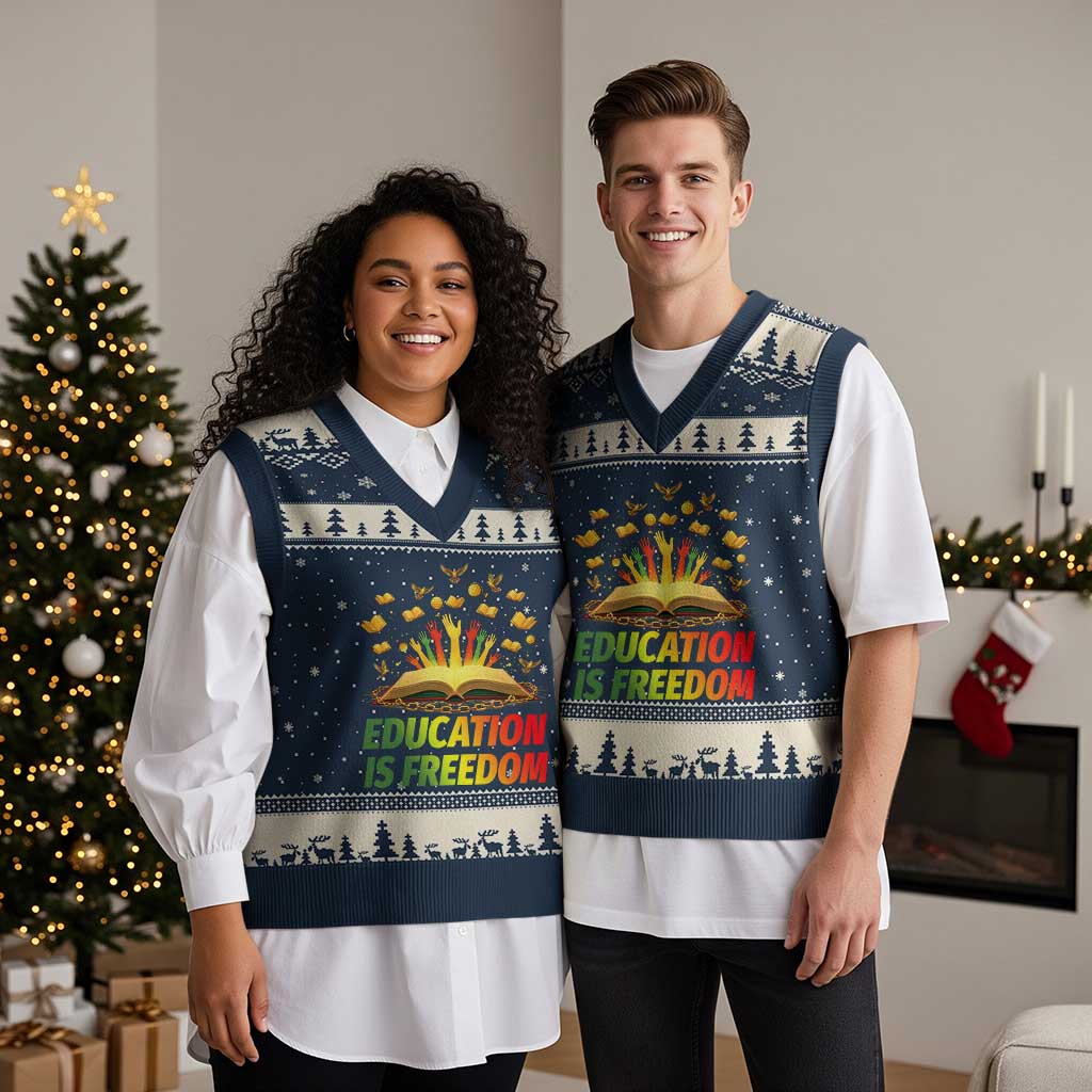 Education Is Freedom V-Neck Knit Sweater Vest Black Education Teacher Gift - Wonder Print Shop