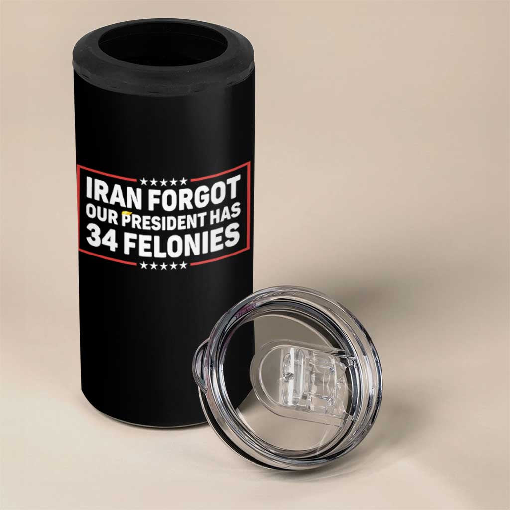 Iran Forgot Our President Has 34 Felonies 4 in 1 Can Cooler Tumbler Political Protest