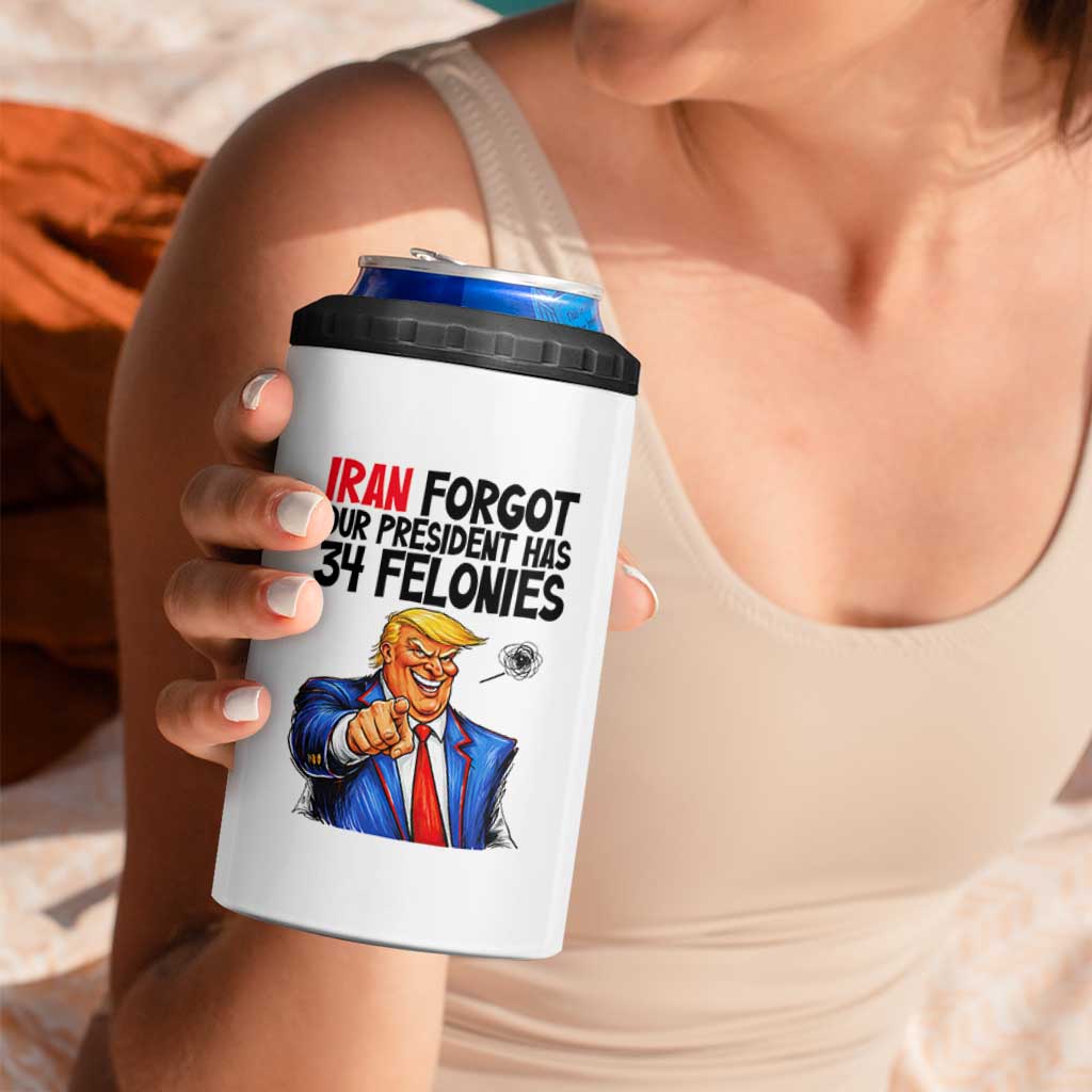 Iran Forgot Our President Has 34 Felonies 4 in 1 Can Cooler Tumbler Funny Political Satire