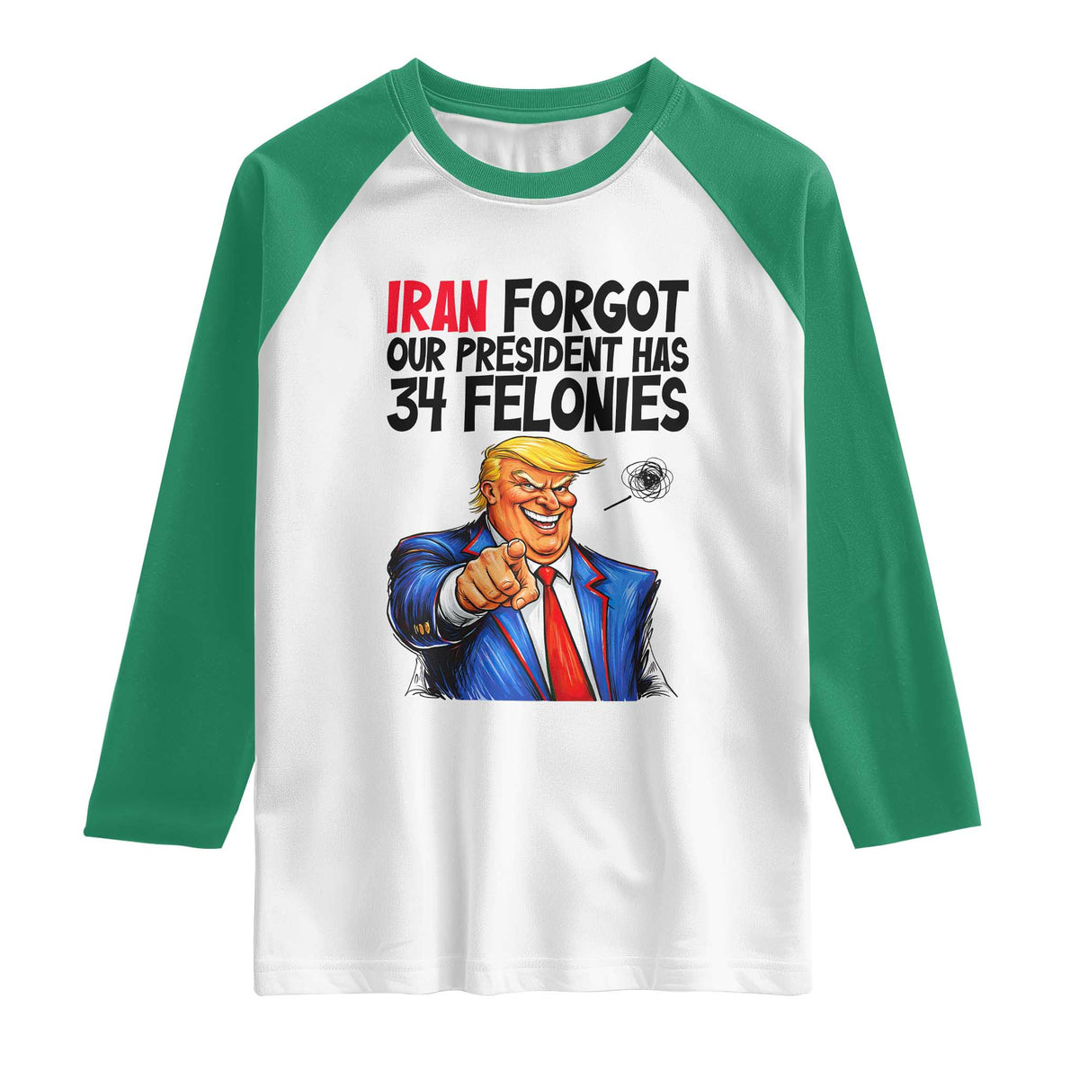 Iran Forgot Our President Has 34 Felonies Raglan Shirt Funny Political Satire