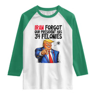 Iran Forgot Our President Has 34 Felonies Raglan Shirt Funny Political Satire