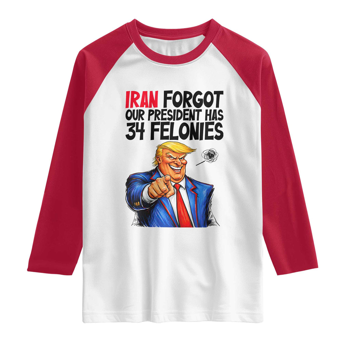 Iran Forgot Our President Has 34 Felonies Raglan Shirt Funny Political Satire