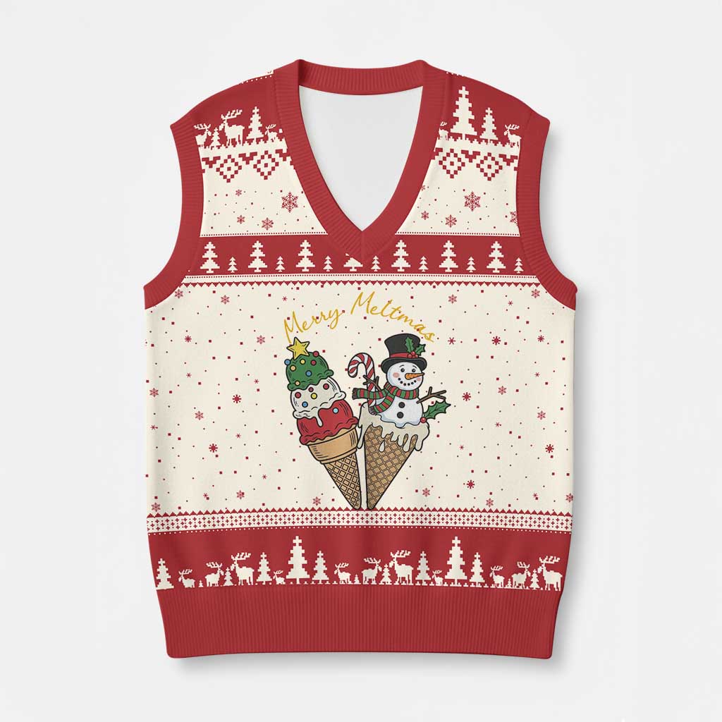 Christmas In July Ice Cream Snowman Graphic V-Neck Knit Sweater Vest Merry Meltmas