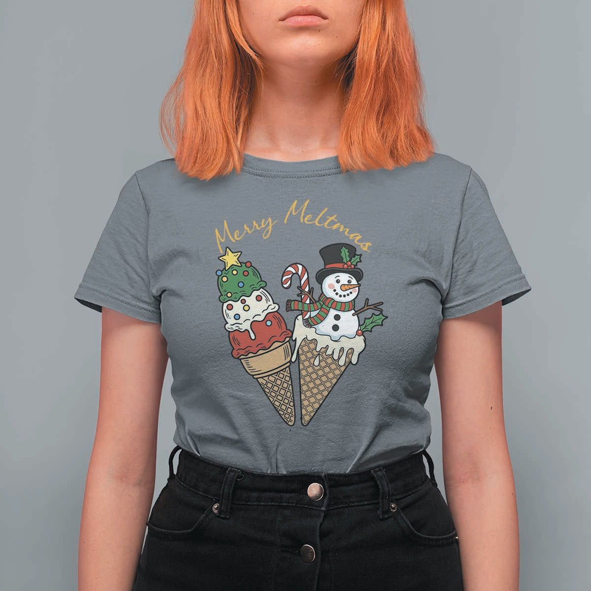 Christmas In July Ice Cream Snowman Graphic T Shirt For Women Merry Meltmas