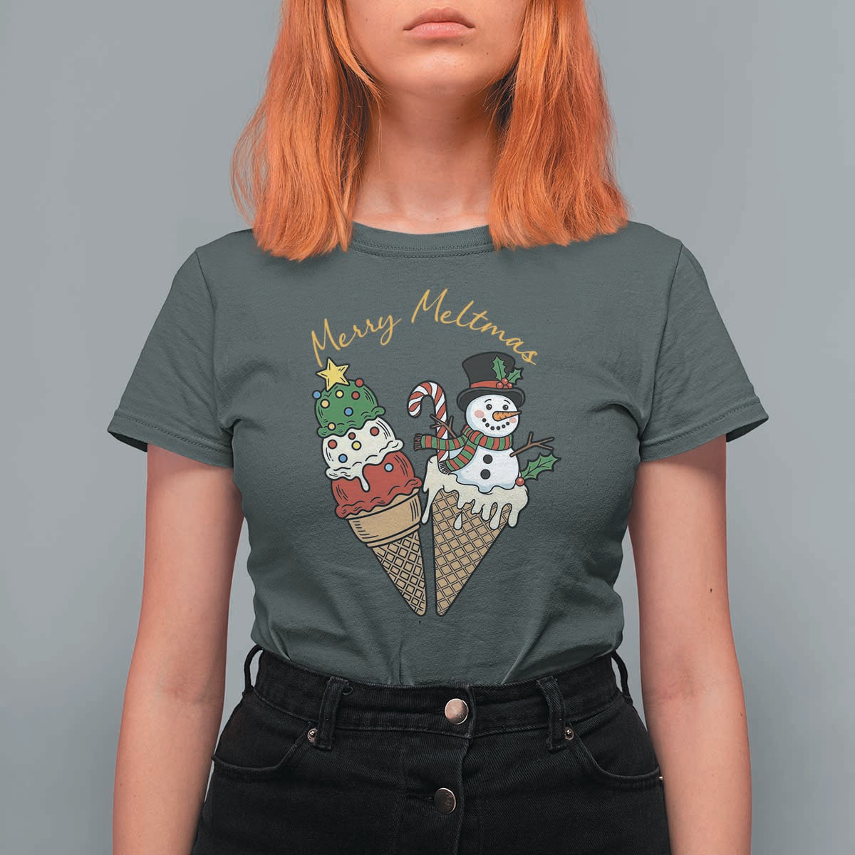 Christmas In July Ice Cream Snowman Graphic T Shirt For Women Merry Meltmas