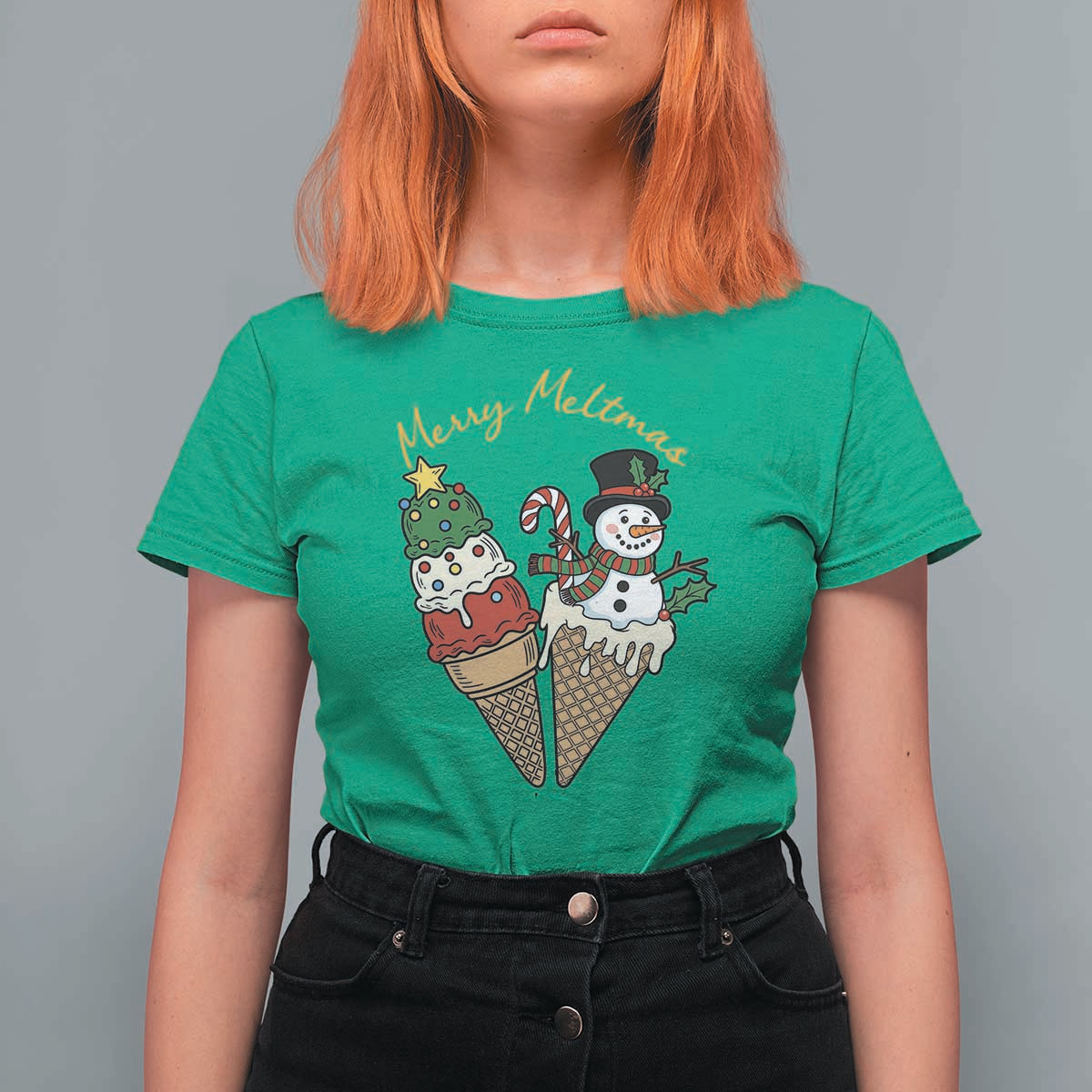 Christmas In July Ice Cream Snowman Graphic T Shirt For Women Merry Meltmas
