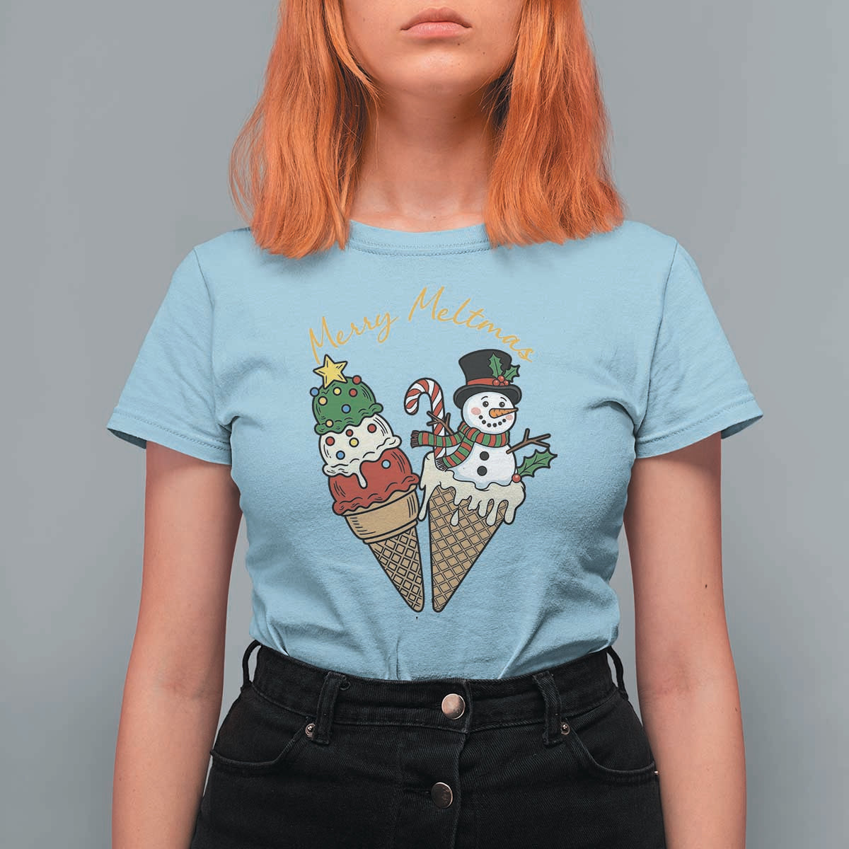 Christmas In July Ice Cream Snowman Graphic T Shirt For Women Merry Meltmas